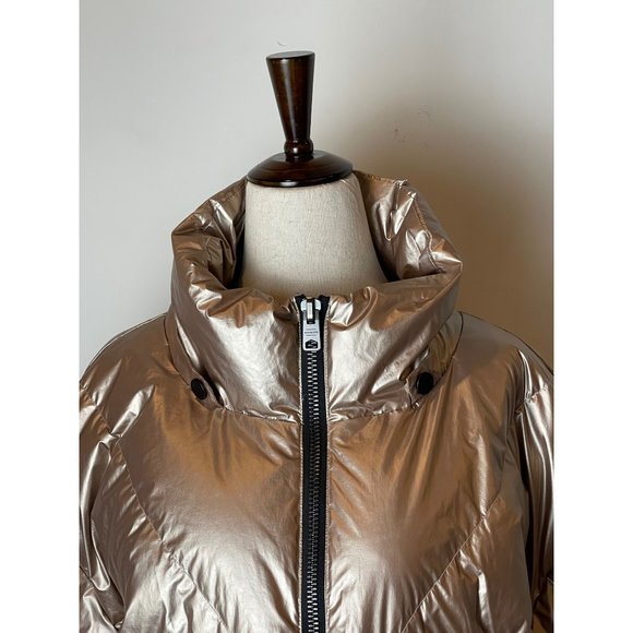 All Saints Mika Gold Metallic Long Sleeve Full Zip Puffer Coat Size 8 - Picture 6 of 12
